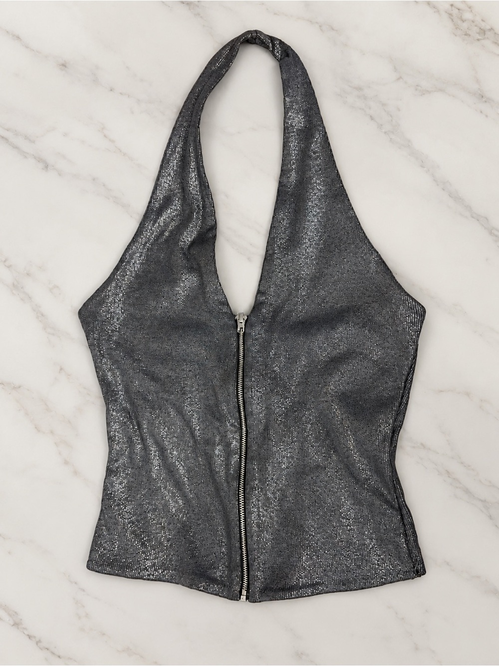 Zara Metallic Halter Zip-Front Tank Top - Gray